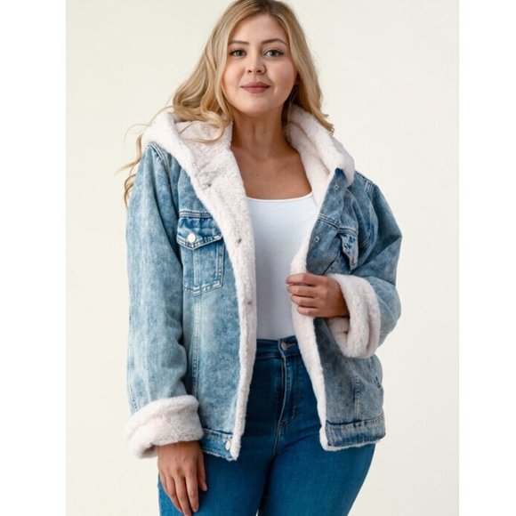 SOLD OUT Plus Denim Ivory Sherpa Faux Fur Hood Jean Jacket - Picture 2 of 5